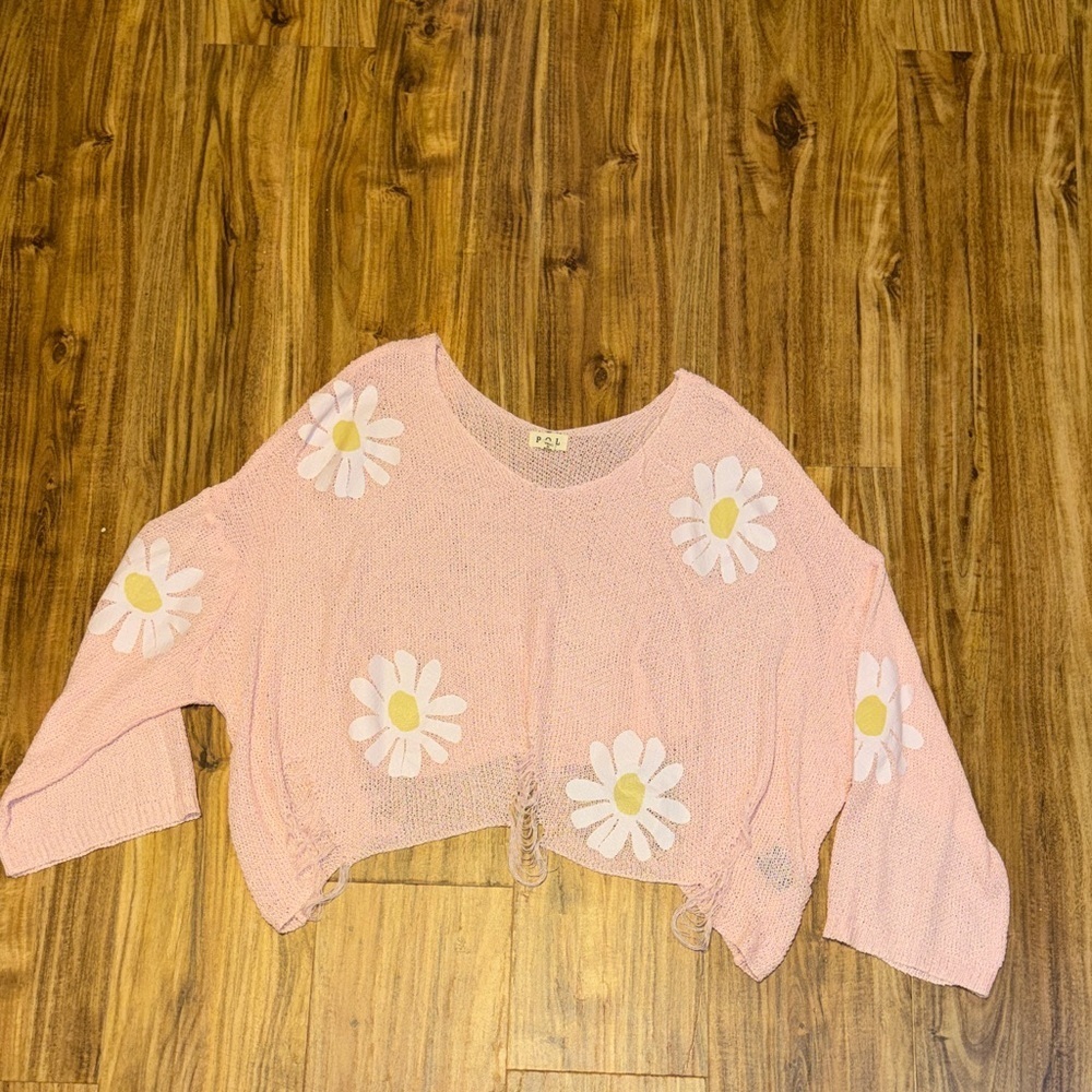 POL womens small sweater pink open knit cropped distressed daisy Blush pink nwot